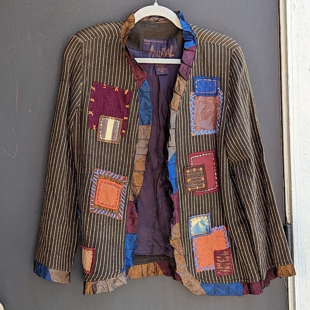 Vintage Embroidered Patch Stripe Blazer - Brown